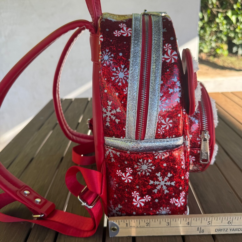 Disney Parks Loungefly Red Glitter Peppermint Mickey Mouse Holiday Mini Backpack - Picture 10 of 11